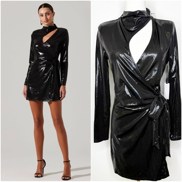 Astr Label Cutout Long Sleeve Patent Wrap Minidress Gunmetal Wrap Dress Small nw - Picture 1 of 8